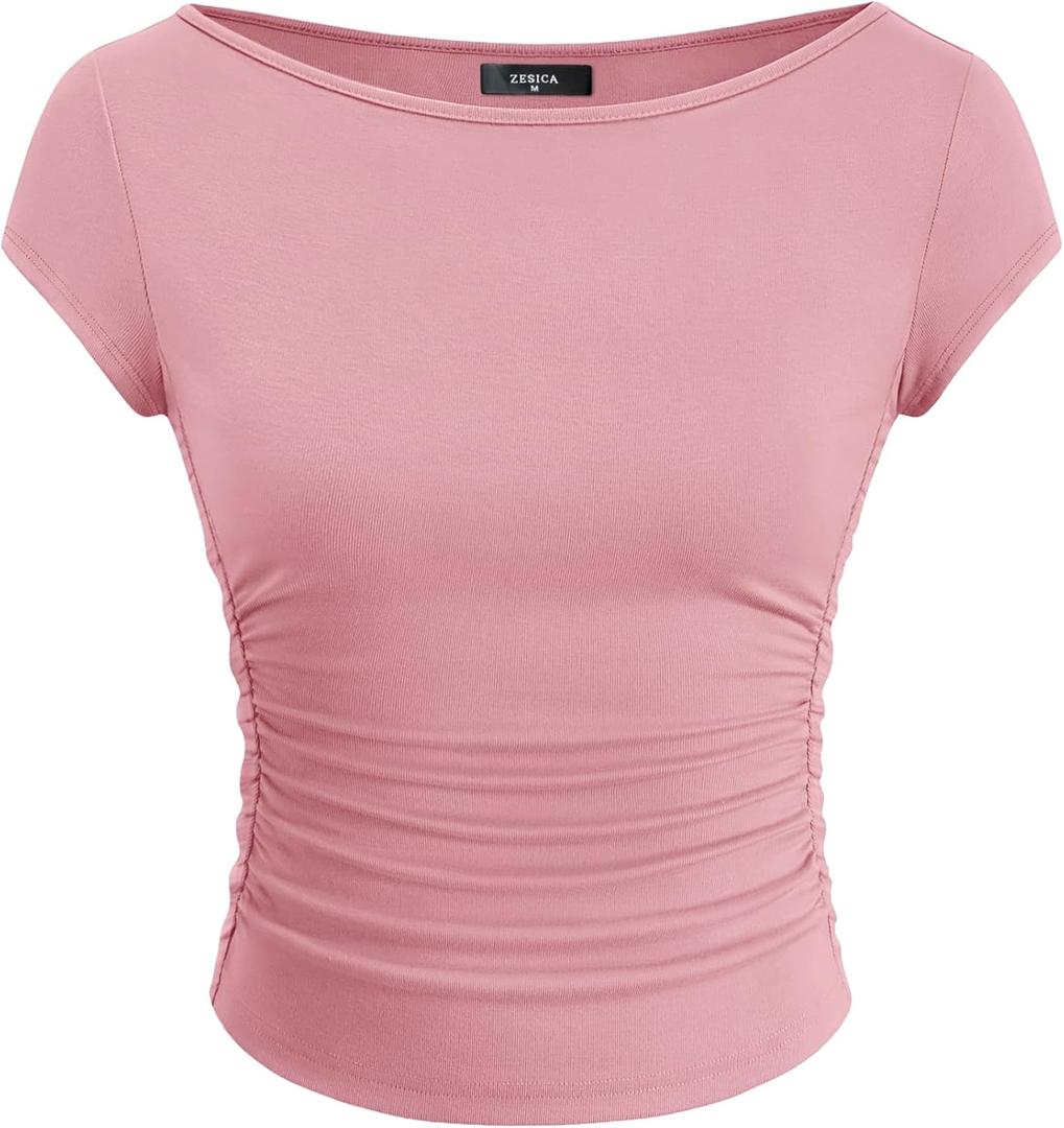 ZESICA Women's Summer Boat Neck Short Sleeve T Shirts 2026 Spring Slim Fit Y2k Going Out Crop Tops Basic Trendy Outfits (Pink, M)