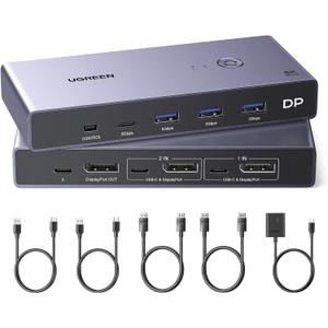 UGREEN 8K Displayport KVM Switch 2 in 1 Out DP1.4 with 4 USB 3.0 Ports(3 USB-A + 1 USB-C) Support 8K@60Hz 4K@240Hz Share 1 Monitor Keyboard Mouse U-Disk Printer, with 2 DP Cables, 2 USB A to C Cables