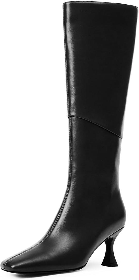 Modatope Black Boots Knee High Boots for Women Square Toe Long Boots 2.9 In Stiletto Kitten Tall Boots for Women Size 7.5 (Black)