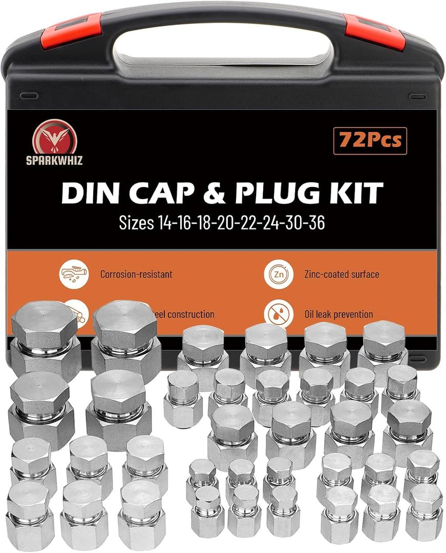 SPARKWHIZ 72Pcs Heavy Duty DIN Cap & Plug Assortment Hydraulic Adapter Fitting Kit Set, Galvanized Steel with Precision Threading Dash Sizes 14 16 18 20 22 24 30 36