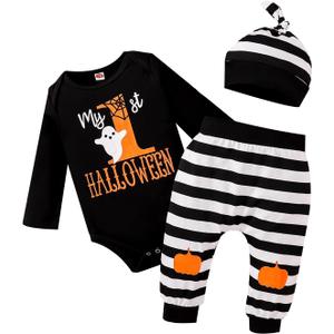 My 1st Halloween Baby Boy Outfits Newborn Clothes Infant Black Romper Pumpkin Pants Hat 3Pcs 0-18 Months
