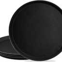 TOPZEA 4 Pack Plastic Server Tray, 14 Inch Round Serving Tray Restaurant Serving Tray Non-Slip Bar Tray Cafeteria Tray for Eating, Cafe Tray for Coffee Table, Black, with Non-Skid Rubber Lined