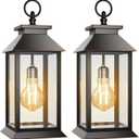 2 Pack Solar Lanterns Outdoor, Hanging Glass Solar Lights Waterproof, Dual Power Solar & 2*AA Battery, for Porch, Patio, Yard and Indoor Table or Mantel