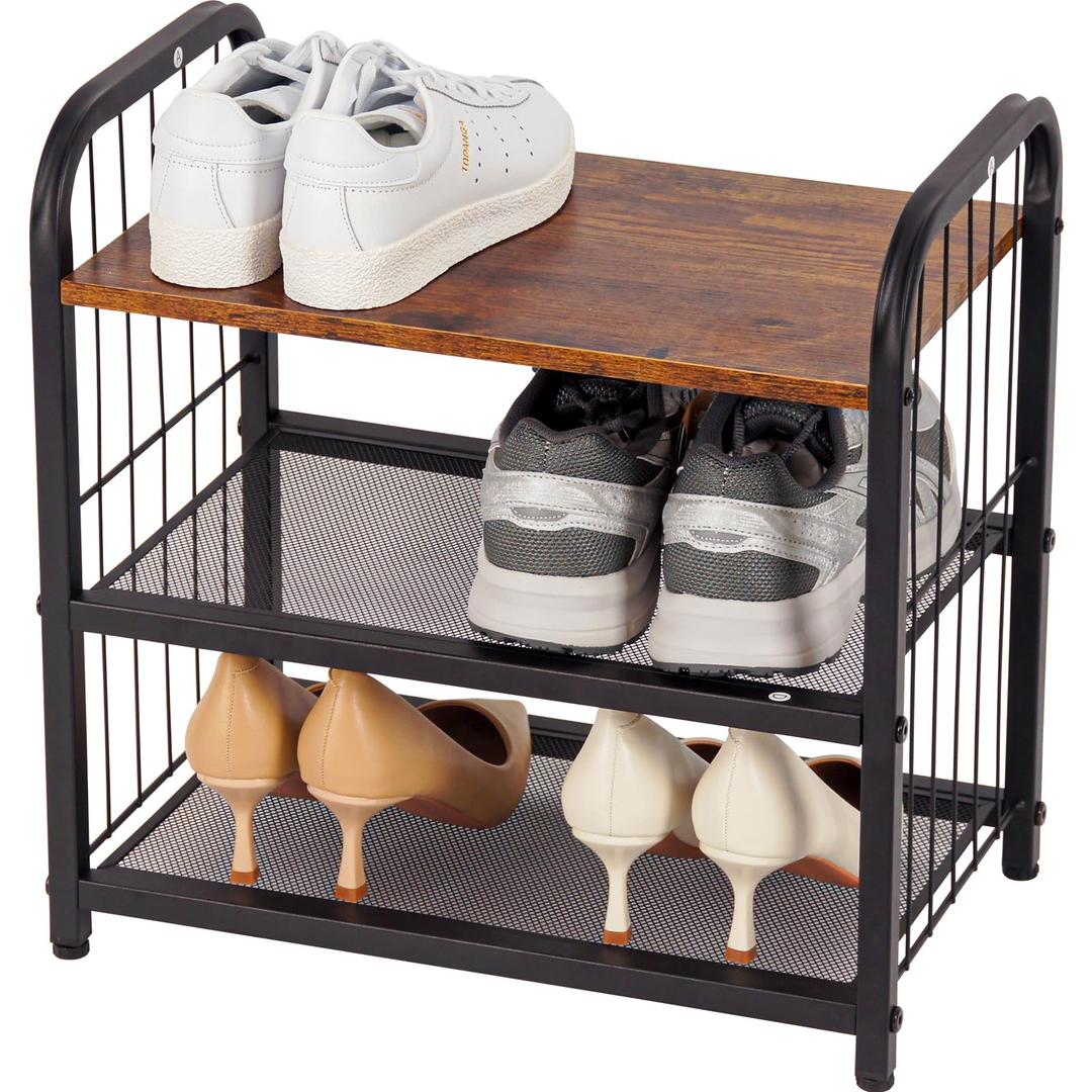 BWOORACKU 3Tier Shoe Rack with Guardrails, HeavyDuty Metal Mesh Shelves & Rustic Wooden Top  SpaceSaving Organizer for Closet, Entryway, and Hallway (Holds 12 Pairs/Shelf)