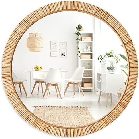 Barnyard Designs 26" Rattan Round Bathroom Mirror - Boho Mirror for Nursery Wall Decor - Handmade Wicker Rattan Mirrors for Wall with Rustic Design - Add Farmhouse Elegance to Your Home Decor