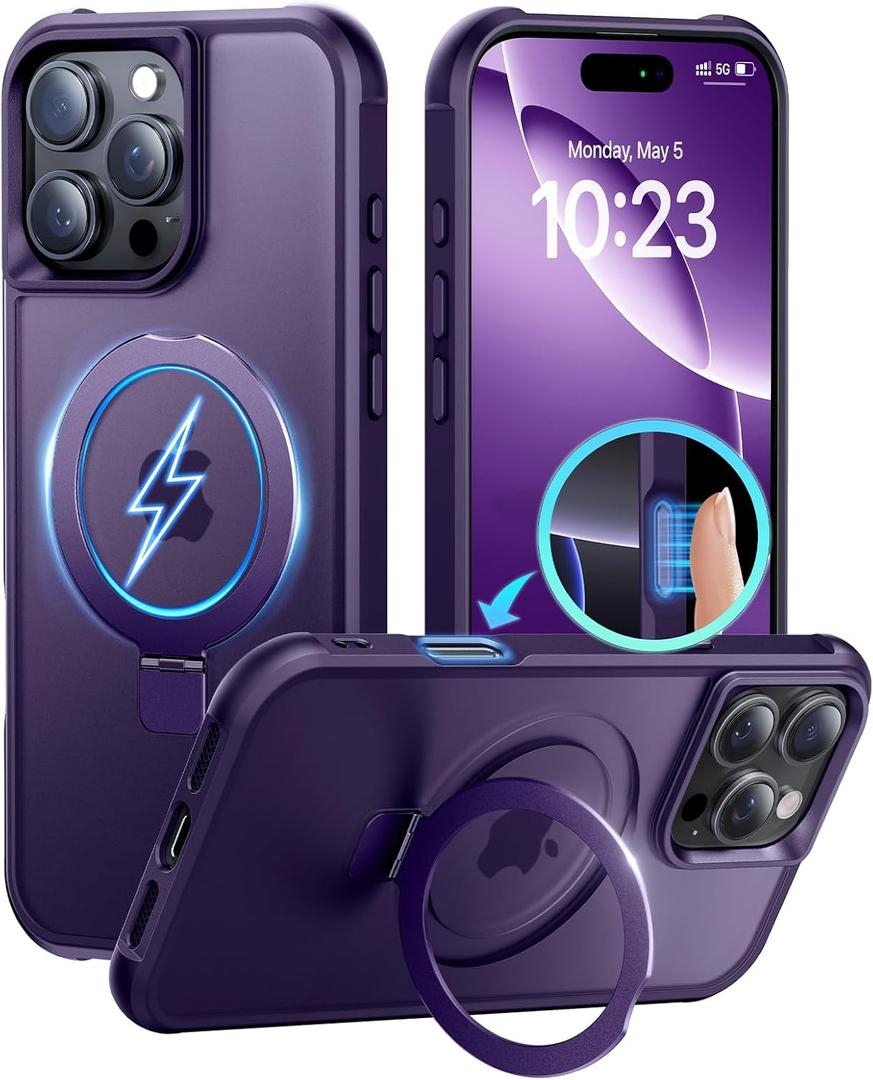 Magnetic Invisible Stand Designed for iPhone 16 Pro Case [Military Drop Protection] [Compatible with MagSafe] Shockproof Slim Translucent Matte Cover for iPhone 16 Pro Phone Case 6.3", Purple