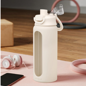 Glass Water Bottle with Silicone Sleeve 24oz with Lid, Motivational Time Marker, Drinking Hydration Glass Bottles for Men Women, Gym Travel Sports (Cream)