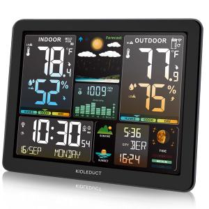Weather Station Wireless Indoor Outdoor Thermometer, 8.5" Large Color Atomic Clock with Sunrise Sunset Time, 5 Levels of Backlight, Weather Forecast/Barometer Run Chart, Moon Phase, Tide