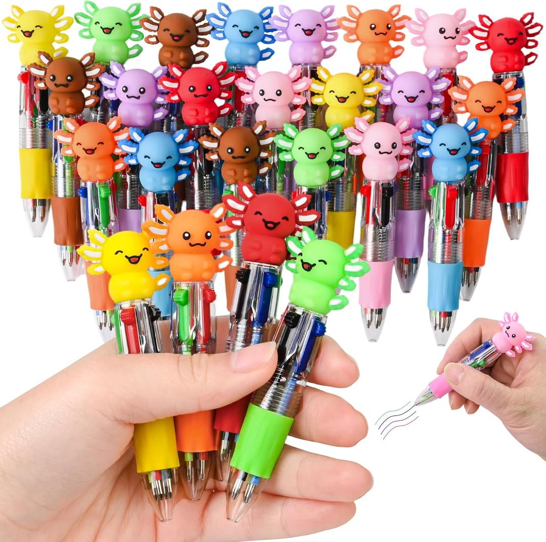 LiYiQ 25 Pcs Axolotl Party Favor Multicolor Pen in One Cartoon Cute Fun 4-in-1 Cute Pens Bulk Kawaii Axolotl Ballpoint Pens for Fun Gifts