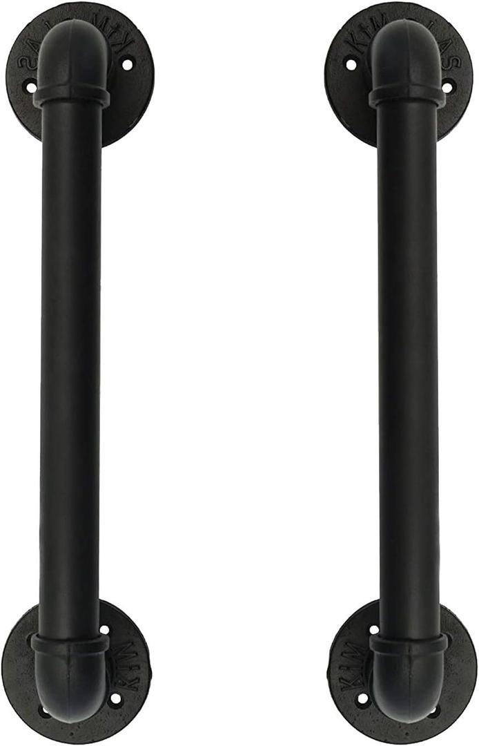FOYO Set of 2 Industrial Pipe Door Pull Handle, Grab Bar, Towel Bar, Antique Rustic Cast Iron Handrail - Matte Black, 1-1/4"Diameter Pipe, 15 Inch
