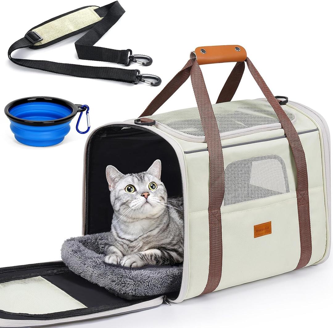 Morpilot Pet Travel Carrier Bag, Soft-Sided Dog Carrier Cat Carrier Pet Carrier, for Large Cats and Medium Puppies up to 25lbs, with Locking Safety Zippers, Foldable Bowl (Beige)