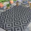 SAND MINE Waterproof Outdoor Rug 9x12 ft, Plastic Reversible Rug, Modern Area Rug, Large Floor Mat for Outdoors, RV, Patio, Backyard, Deck, Picnic, Beach, Camping, Black Grey Lattice