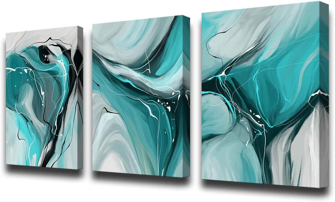 LUDEYI Modern Abstract Wall Art Canvas Prints, 3-Piece Teal and Gray Fluid Art, Contemporary Home Decor Wall art in the living room, bedroom and bathroom12x16 Inch/Set of 3