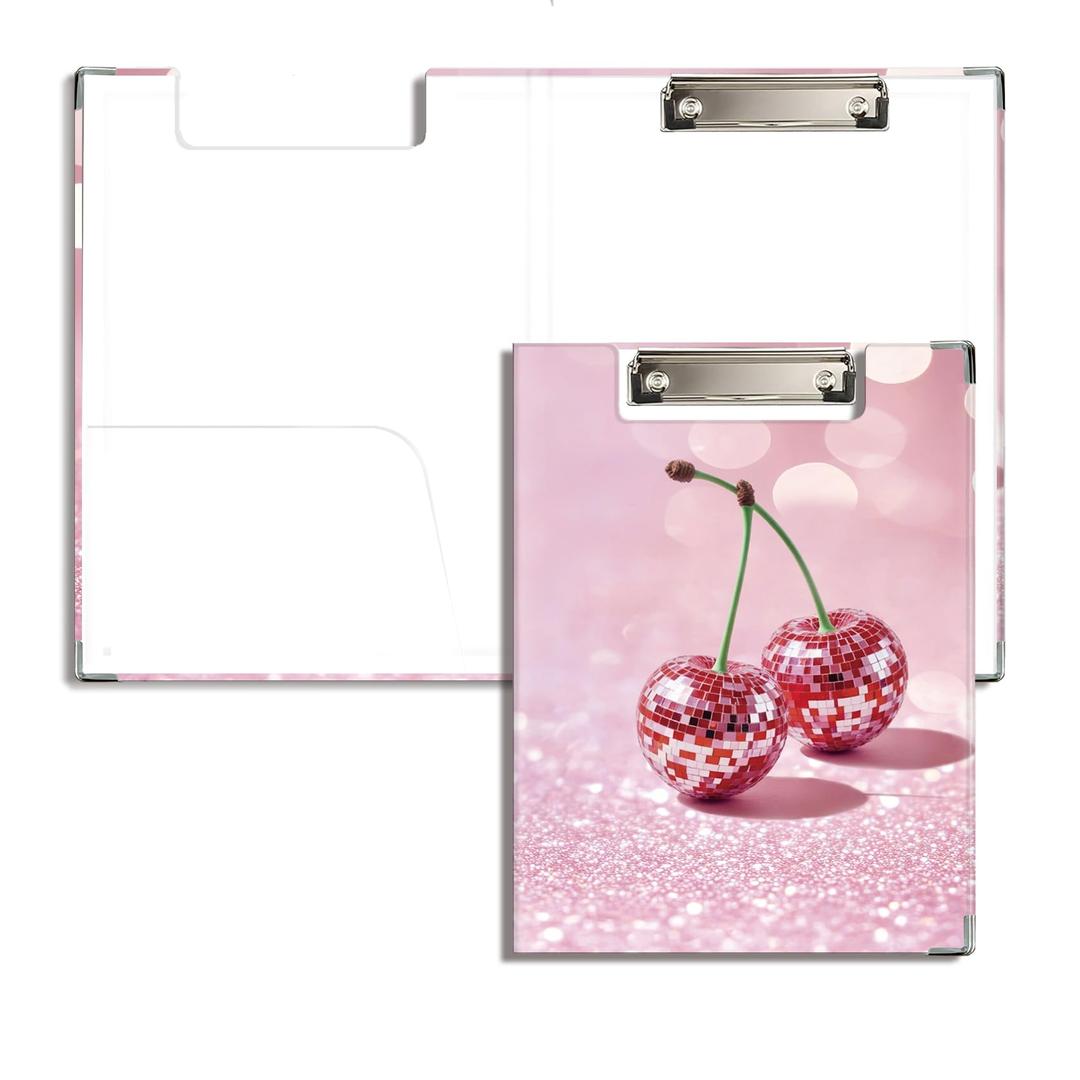 XUNLURY Preppy Pink Glitter Clipboard with Storage for Classroom Office Desk, Funky Y2K Cherry Disco Ball Padfolio with Clipboard for Nurses Teachers Students, 12.5x9 in