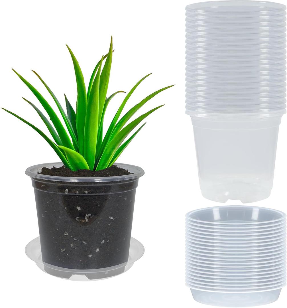 20 Pack 6 Inch Clear Nursery Pots with Drainage and 20 Pack Plant Saucers, Plant Pots for Plants Transparent Potting Containers for Plants Seeding Starter Pot (Clear, 6 Inch)