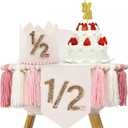 1/2 Birthday Girl, Half Birthday Decorations, 6 Month High Chair Banner, Bling Party Decorations Set With Handmade Cake Candle Crown Hat (Pink)