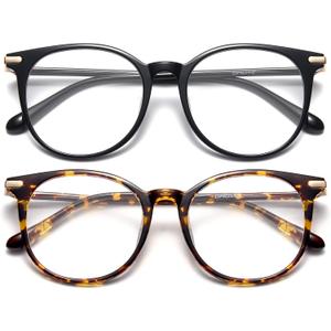 Gaoye 2 Pack Blue Light Blocking Glasses, Retro Round Eyewear Frame Anti Eyestrain Computer Glasses for Women Men - GY1688 (Black+Tea Leopard)
