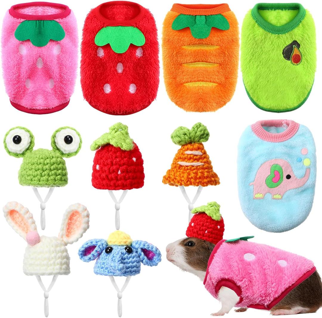 10 Pcs Guinea Pig Clothes, 5 Guinea Pig Costume Outfit, 5 Mini Hat with Adjustable Strap Small Animal Warm Vest Sweater Cozy Hand Knitted Hat for Hamster Bunny (Fresh Style) (XXS)