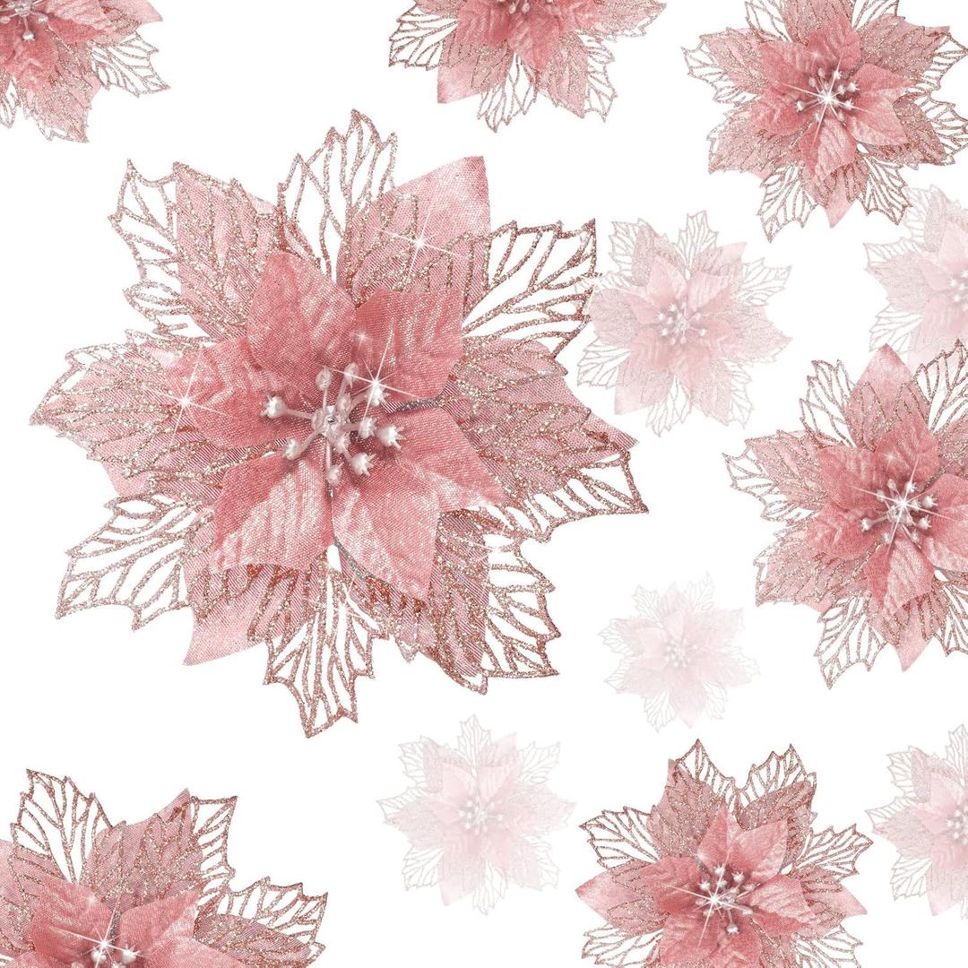 Geosar 36 Pcs 3 Size Christmas Poinsettia Flowers 3'' 4'' 6'' Tree Decorations Glitter Faux Flowers Xmas Artificial Poinsettia Ornaments New Year for Party Favor(Rose Gold)