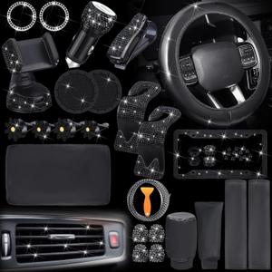 46 Pcs Bling Car Accessories Set for Women Leather Steering Wheel Cover Seat Belt Covers Diamond Rings Sticker Rhinestone Cup Holders USB Adapter Flower Air Vent Clip (Black)