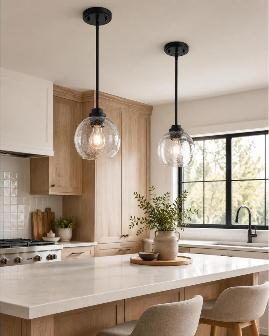 2-Pack Pendant Lights Kitchen Island, 7" Modern Black Hanging Lights Fixtures with Clear Seeded Glass Globe Shade, Kitchen Island Lighting for Bathroom, AD-22280-1P2-BK-S