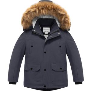 CREATMO US Boy's Long Winter Coat Warm Fleece Lined Waterproof Puffer Jacket Thicken Padded Snow Parka with Faux Fur Hood (14-16 Years, Dark Gray)