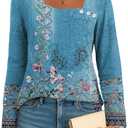 Disamer Long Sleeve Shirts for Women Fall Clothes Teacher Outfits 2026 Button Blouses Dressy Casual Square Neck Tunic Tops (Blue, M)