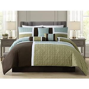 Chezmoi Collection 7-Piece Quilted Patchwork Comforter Set, Coffee Brown/Aqua Blue/Sage Green, California King