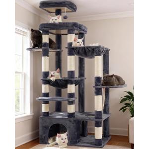 Heybly Cat Tree, 71-Inch Tall Cat Tower for Large Maine Coon Cats with Extra-Large Baseboard, Cat Condo Furniture with Multi-Level Platforms, 2 Hammocks and 12 Scratching Posts, Smoky Gray HCT037G