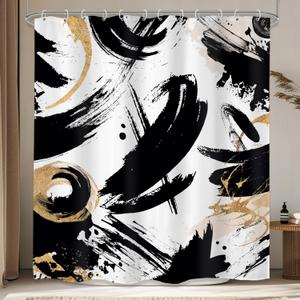 LIGHTINHOME Abstract Black and White Shower Curtain 60Wx72H Inches Modern Minimalist Geometric Simple Aesthetic Gold Ink Unique Cool Fabric Waterproof Polyester Bathroom Home Decor Set with Hooks