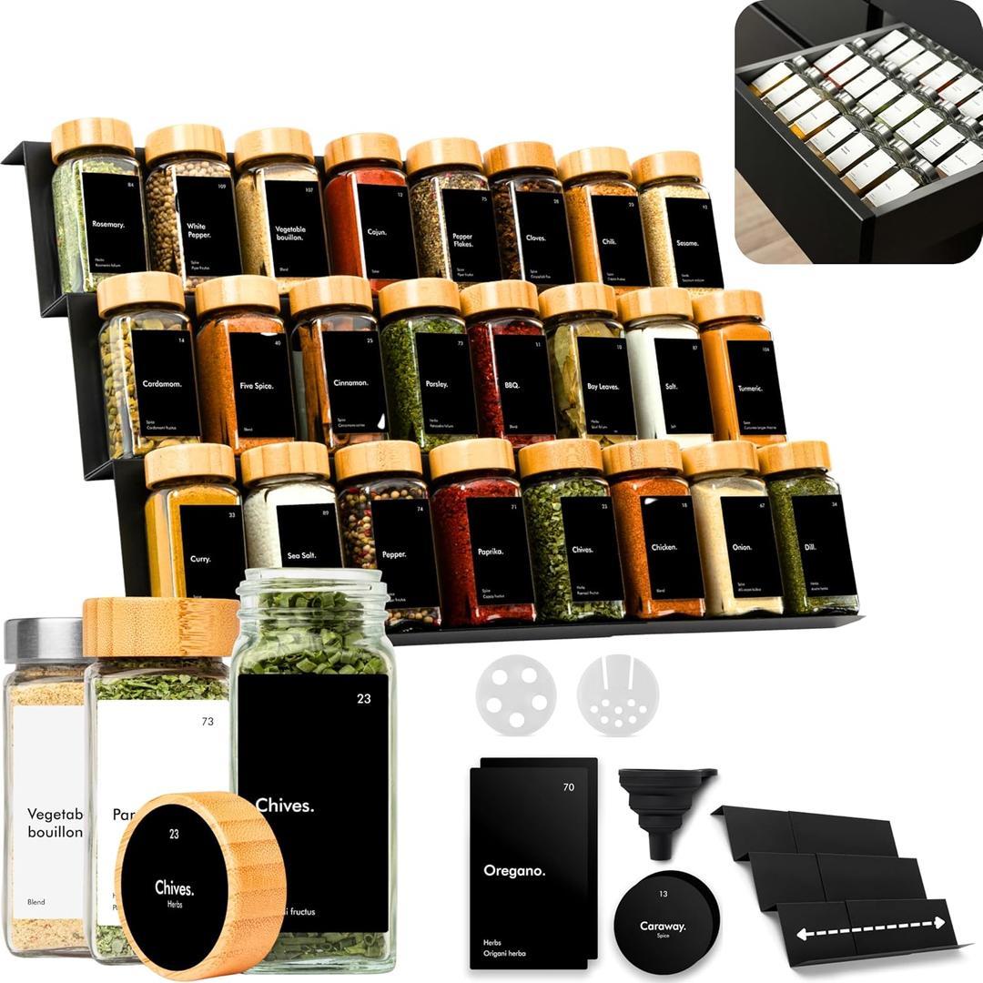 KIVY Drawer Spice Organizer + 24 Jars & 240 Labels - Seasoning Rack for Organization - Kitchen Drawer Insert for Spice Jars - Glass Seasoning Jars with Airtight Lids - Glass Spice Jars with Label (Bamboo Black)