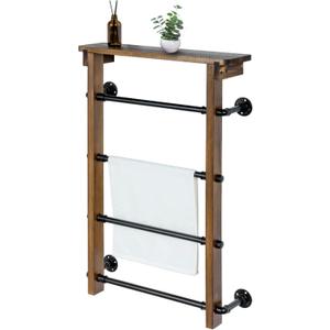 MyGift 4-Tier Wall Mounted Towel Rack Ladder with Top Storage Shelf, Rustic Burnt Solid Wood Hanging Towel Holder with 4 Black Industrial Metal Pipe Rungs Bar Design (Dark Brown)