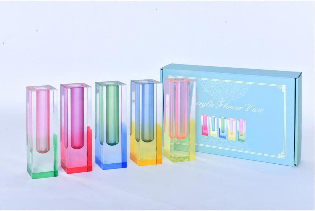 5 Pcs Acrylic Vase Set, Bud Vase for Centerpieces, Maximalist Decor Cute Flowers Vases for Modern Home, Office, Bedroom, Living Room, Dining Table (Pink, Purple, Green, Blue, Yellow)