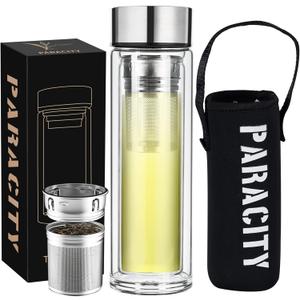 PARACITY Glass Tea Infuser Bottle Teas Flood Cup Double Wall Borosilicate Portable Travel Tumbler Mug Leakproof for Loose Leaf Flower Herbal Tea Bags 13 OZ/380ML (Silver)