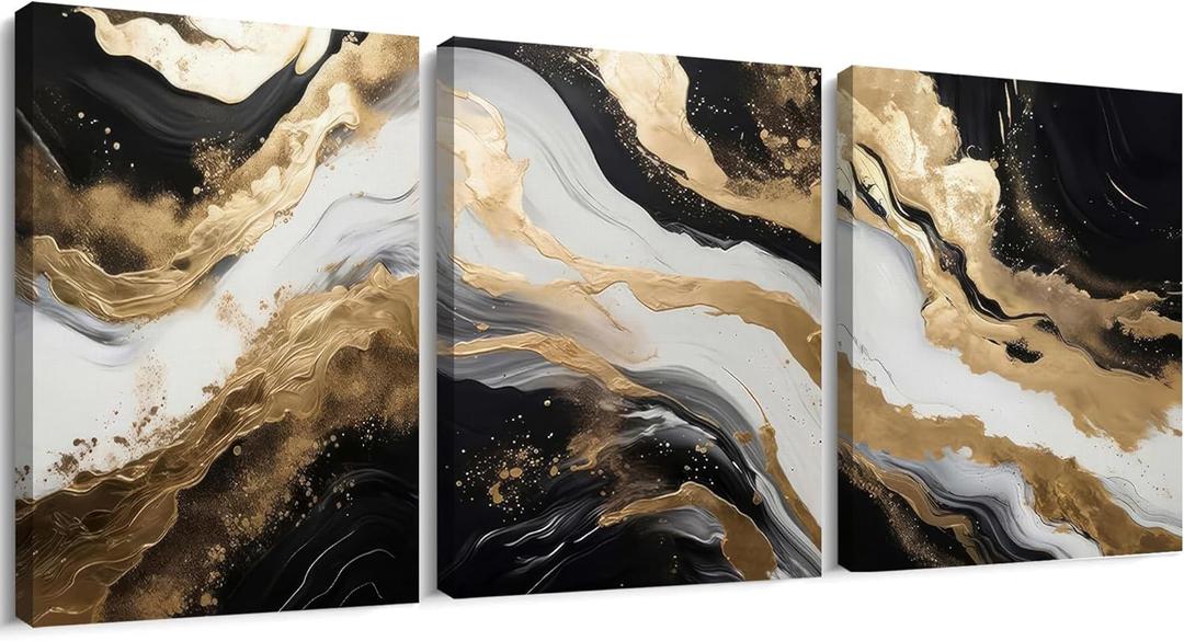 Palette Dreams 3 Piece Framed Black And White Abstract Canvas Wall Art, Black Gold Canvas Black Marble Picture Wall Decor, Modern Gold Foil Art Poster Print for Living Room Bedroom Bathroom 12x16 Inch