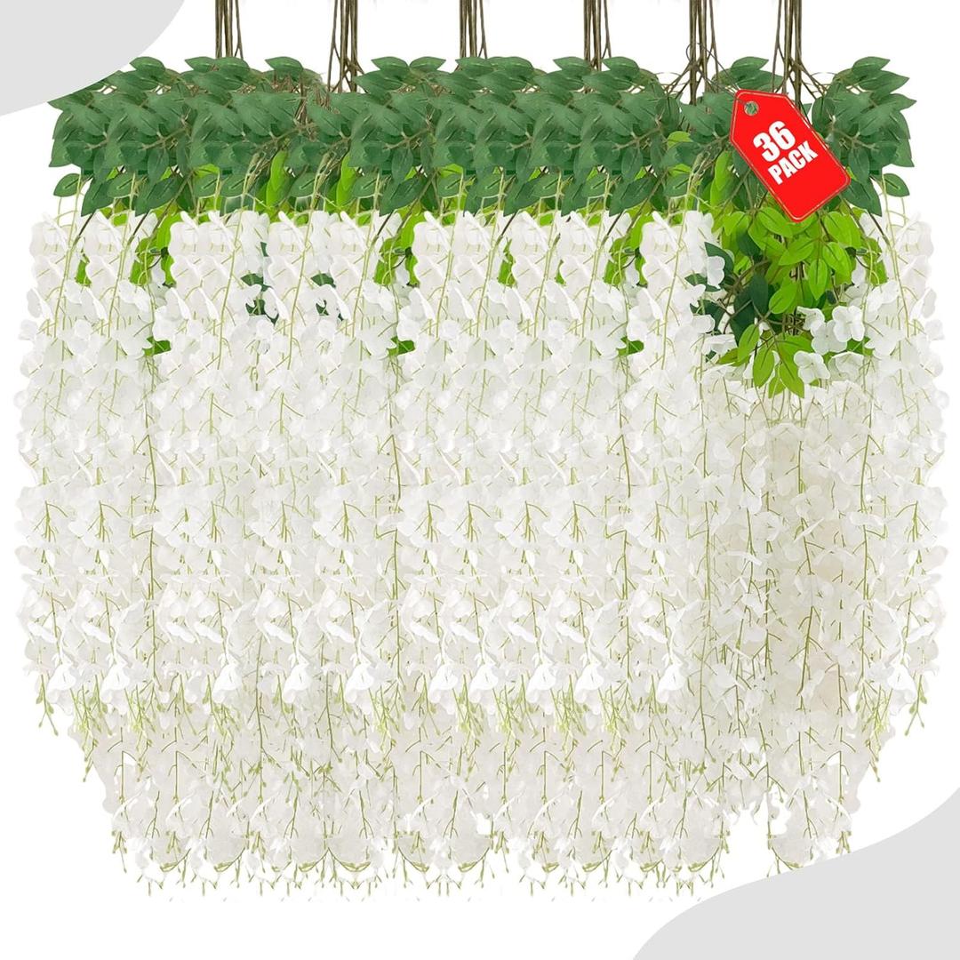 36 Pack White Wisteria Hanging Flowers, 3.44 Ft Fake Hanging Flowers, Artificial Wisteria Garland Vines for Wedding Room Backdrop Outdoor Patio Garden Decoration