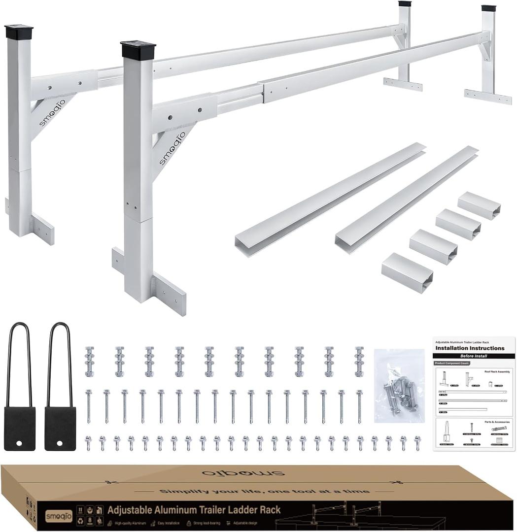 Trailer Ladder Rack Aluminium - 5.77'-8.65' Adjustable with Ladder Stoper, Silver, Enclosed & Open Trailer Compatible