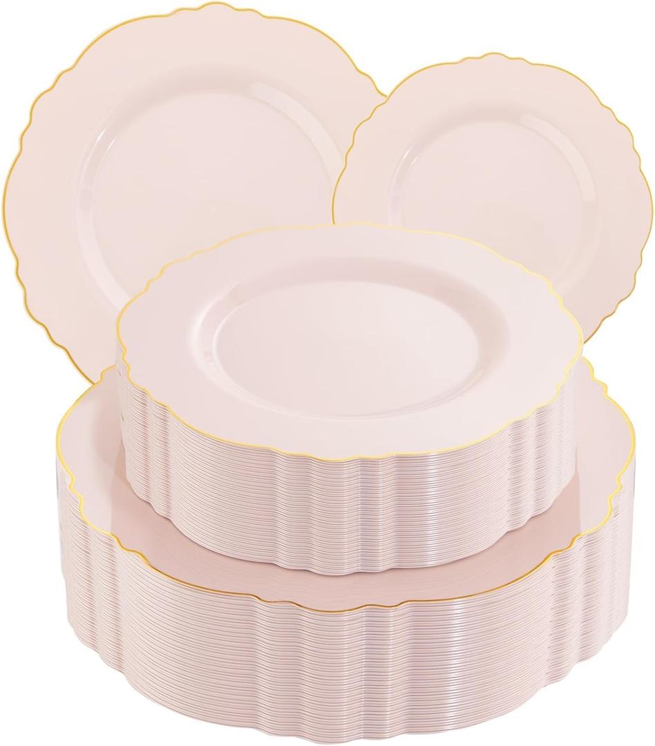 WDF 100pcs Pink Plastic Plates - High-end Baroque Design - Pink and Gold Plates for Upscale Party & Baby Shower - Including 50 Pink Disposable Plates 10.25inch, 50Salad Plates 7.5inch