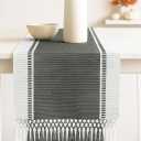 PurpleEssences Table Runner - Wide with Dobby Stripe, Heavy Ribbed Weave & Double Knot Fringes, 14x54 Inch (14x59.5 with Fringes) Farmhouse Decor Spring Easter Summer - Artichoke Green and H.White
