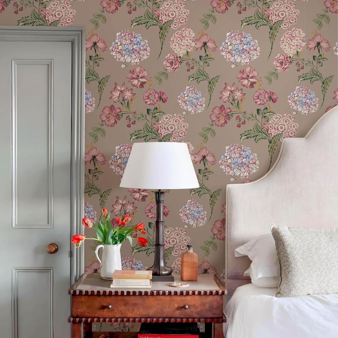 Floral Wallpaper Peel and Stick Boho Self Adhesive Wall Paper 17.3"x118" Renter Friendly Wallpaper Vintage Contact Paper Retro Pink Flower Wall Mural Renovated Furniture Removable Wall Decor