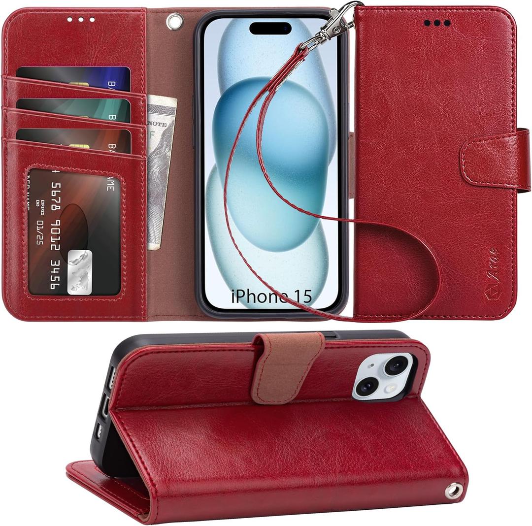 Arae Compatible with iPhone 15 Case with Card Holder and Wrist Strap Wallet Flip Cover for iPhone 15 6.1 inch, Red Arae Compatible with iPhone 15 Case with Card Holder and Wrist Strap Wallet Flip Cover for iPhone 15 6.1 inch, Red