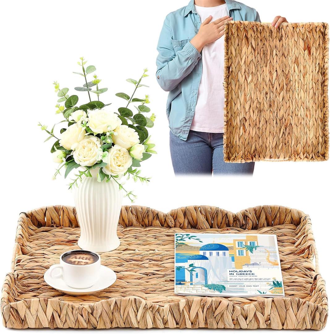 24" L x 18" W x 2.4" H Wicker Scalloped Tray Handwoven Woven Rattan Serving Ottoman Tray with Handles Large Water Hyacinth Rectangle Basket for Decorative Organizing