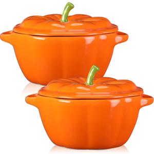 2 Pcs Pumpkin Bowls Ceramic Pumpkin Dish 13 oz Casserole Cookware Serving Pot Safe Oven Pot with Lid and Handle for Fall Halloween Thanksgiving Autumn Cooking Baking Dessert