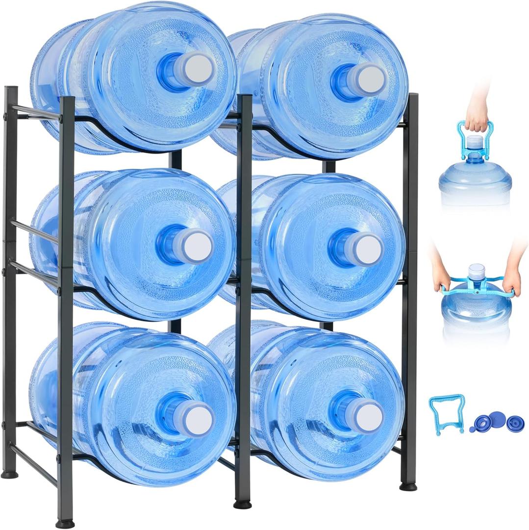 Klvied 5 Gallon Water Jug Holder - 3 Tier Rack, Heavy Duty Stand for 6 Bottles with Lifter and Cap (Black)