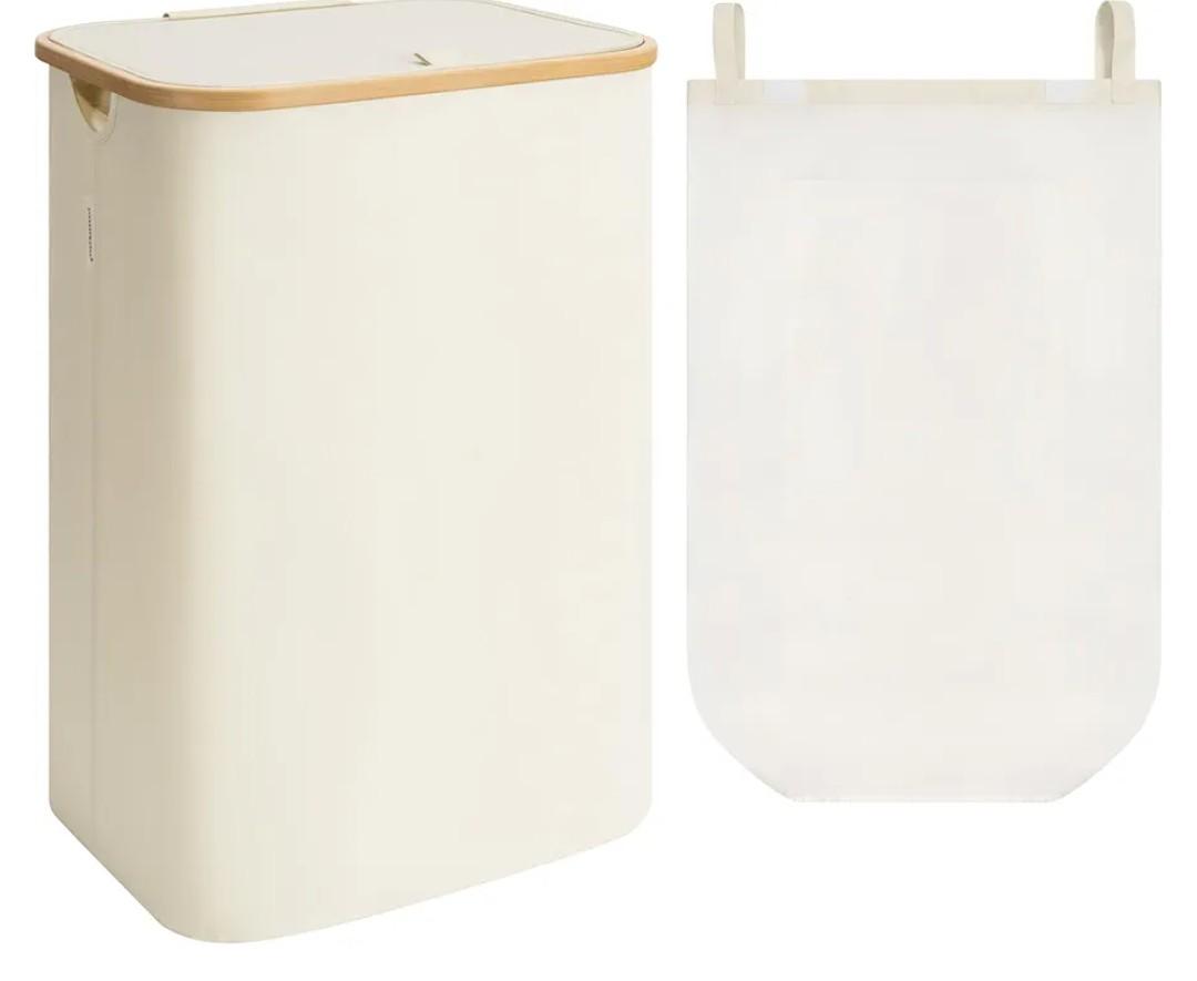 LONBET Laundry Basket with Lid, Made from Breathable Fabric | Aesthetic Clothes Hampers for Laundry with Side Handles & Sturdy Bamboo Frame (40 Gallons - Double, Beige)