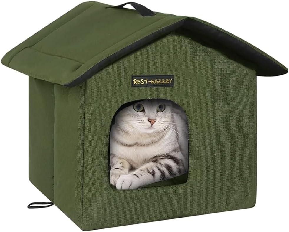 Rest-Eazzzy Cat House for Outdoor Cats, Weatherproof and Insulated Feral Cat House with Mat and Clip, Easy to Put Together, Selfwarming Cat Shelter for Summer(Olive Green, Canopy House X 1)