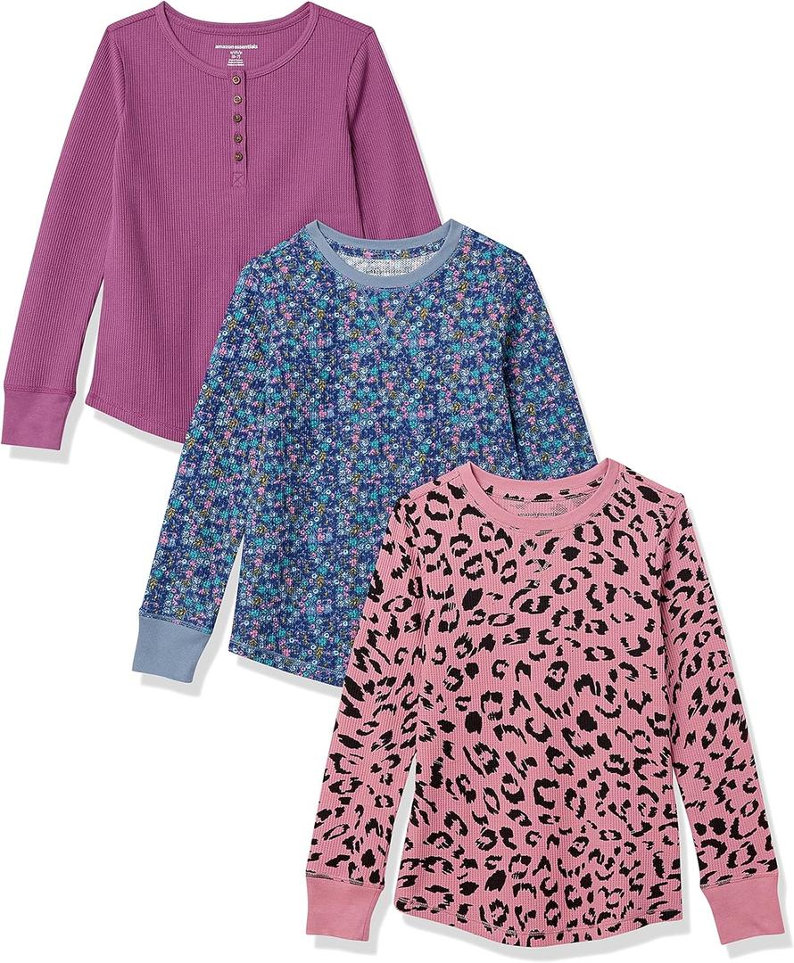 Amazon Essentials Girls and Toddlers' Long-Sleeve Cotton Thermal T-Shirt, Pack of 3 (Large, Purple/Animal), Size for 9yr