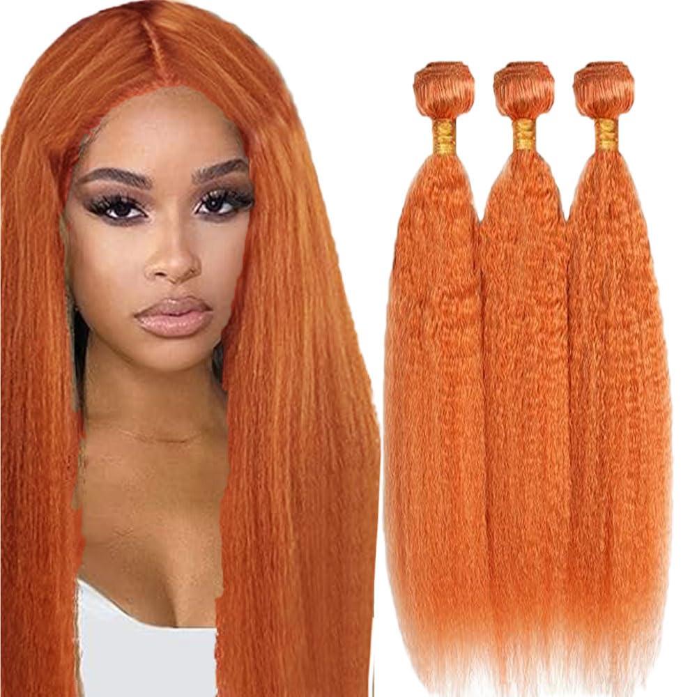 Ginger Orange Human Hair Bundles Yaki Wave 8 10 12 inch Kinky Straight Color 350 Ginger Orange Bundles Human Hair Extension Unprocessed Brazilian Virgin Hair for Black Women