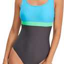 Womens One Piece Swimsuit Scoop Open Back Athletic Training Swimwear Color Block Sport Bathing Suit (Blue, M)