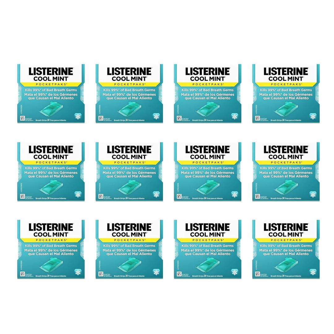 Listerine Cool Mint PocketPaks Portable Breath Strips for Bad Breath, Fresh Breath Strips Dissolve Instantly to Kill 99% of Bad Breath Germs* On-The-Go, Cool Mint, 12 Pack